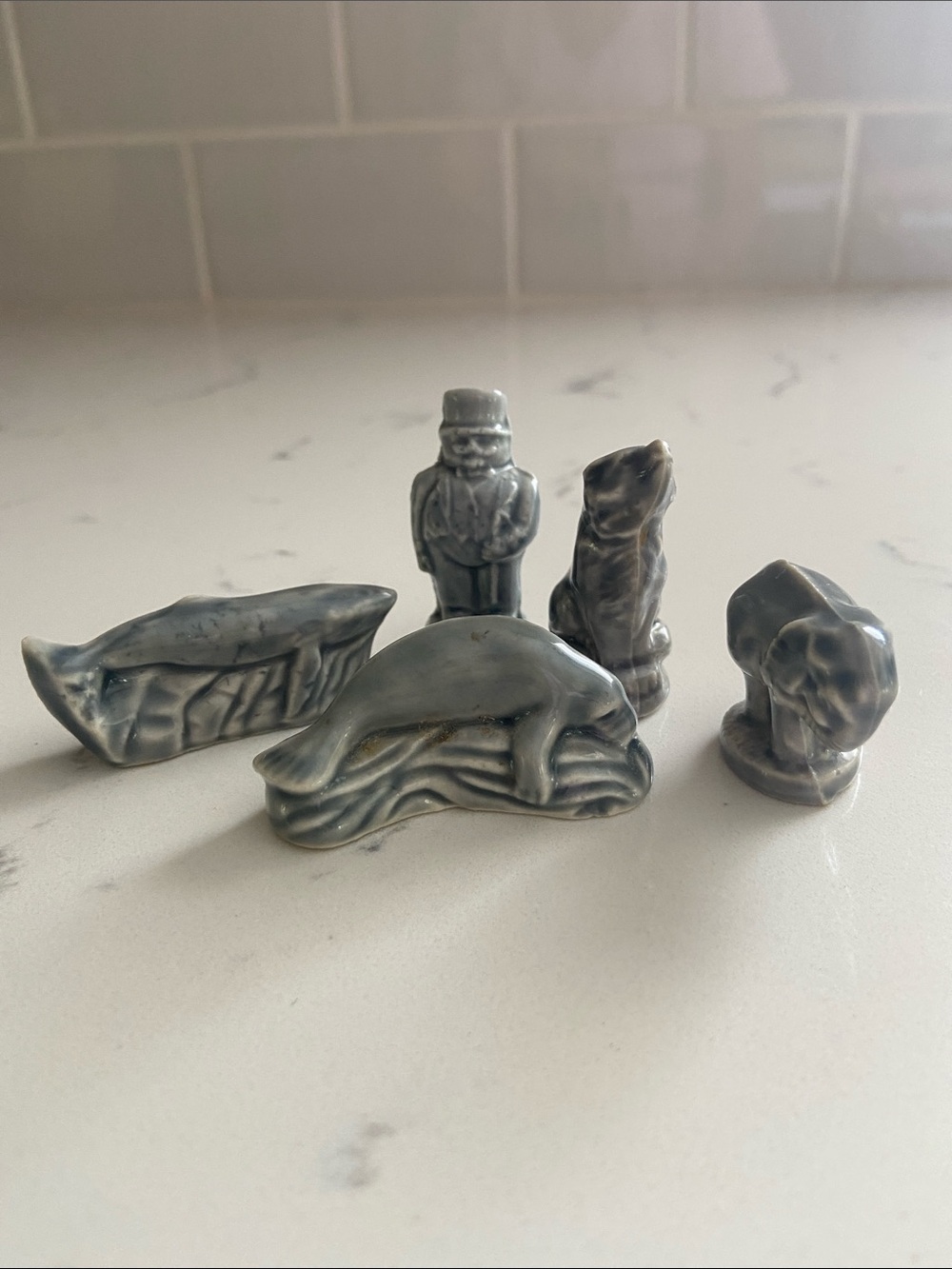Vintage Wade England Whimsies Lot of 5 Gray Miniature Figurines Whale Wolf Eleph
